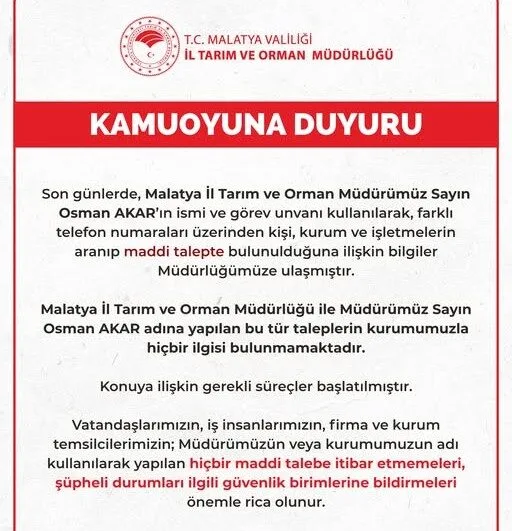Malatya İl Tarım ve Orman Müdürlüğü'nden Dolandırıcılık Uyarısı